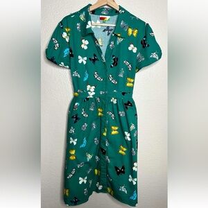 Fervour Womens XL Fit & Flare Green Tie Back Butterfly Print Button Down Dress
